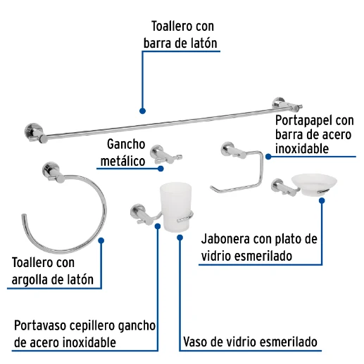Premium de Lujo Juego de accesorios para baño, 6 piezas, cromado, Element