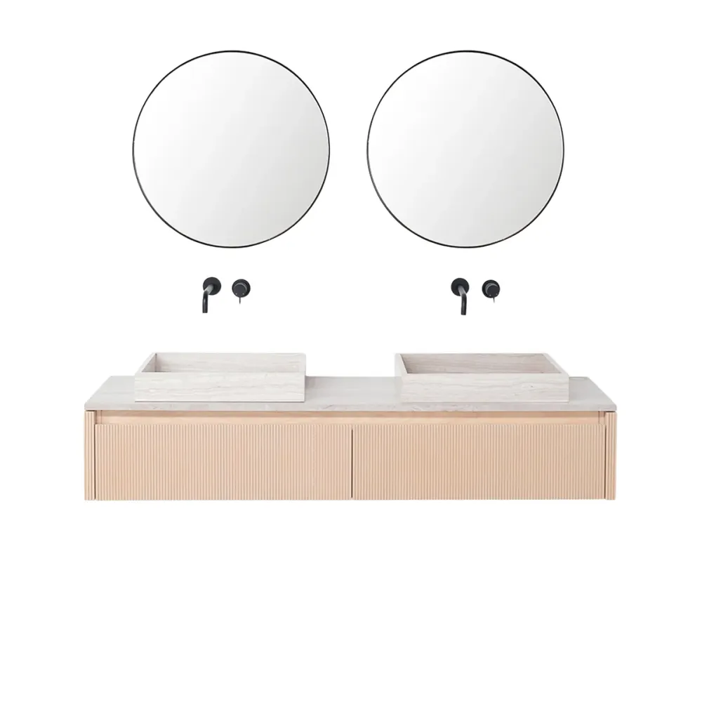 Armario de baño Roble - Ahun - Lavabo Mármol Crema - Encimera Mármol Beige - 150 cm