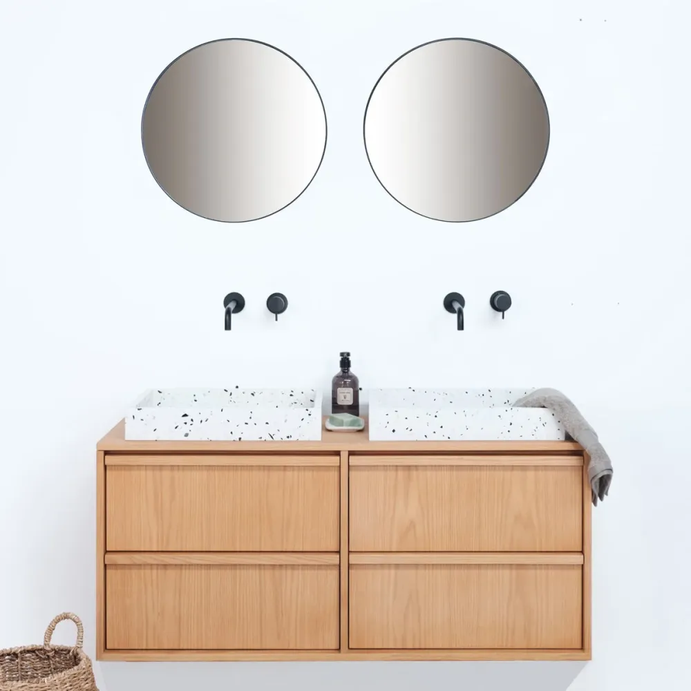 Juego Coordinado Mueble de baño escandinavo Roble Fien - Terrazo blanco - placa óptimo de madera - 120 cm