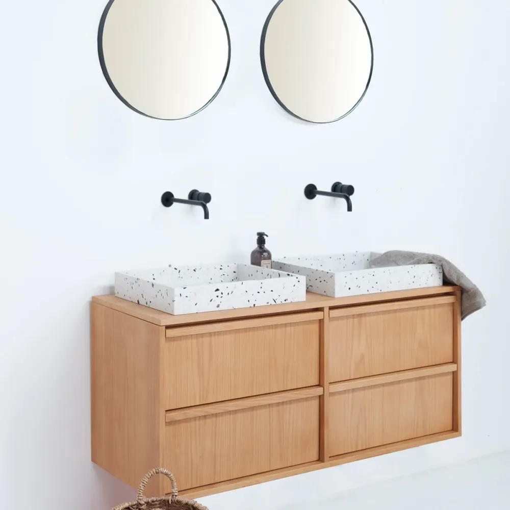 Juego Coordinado Mueble de baño escandinavo Roble Fien - Terrazo blanco - placa óptimo de madera - 120 cm
