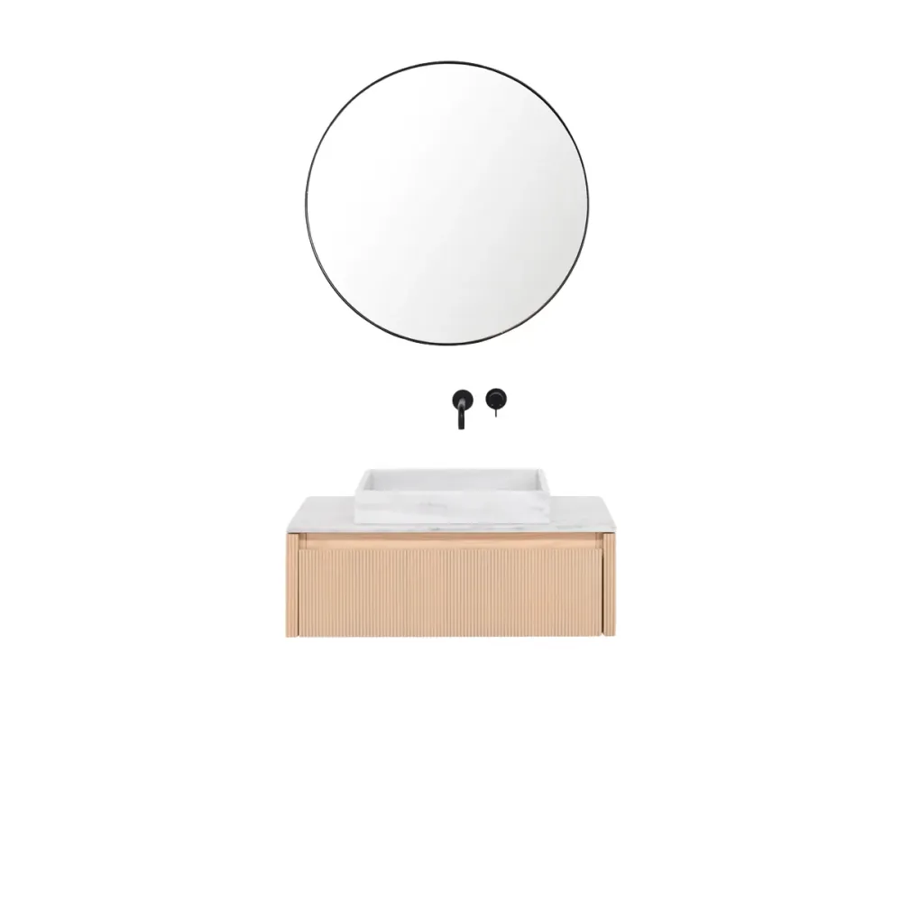 Juego Coordinado Mueble de baño Roble - Ahun - George Marfil Marble - Placa superior Marcel mármol blanco - 80 cm
