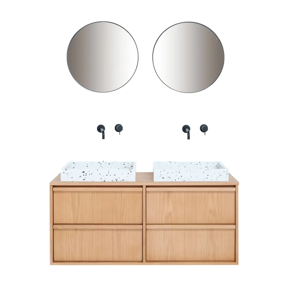 Mueble de baño escandinavo Roble Fien - Terrazo blanco - placa destacado de madera - 120 cm