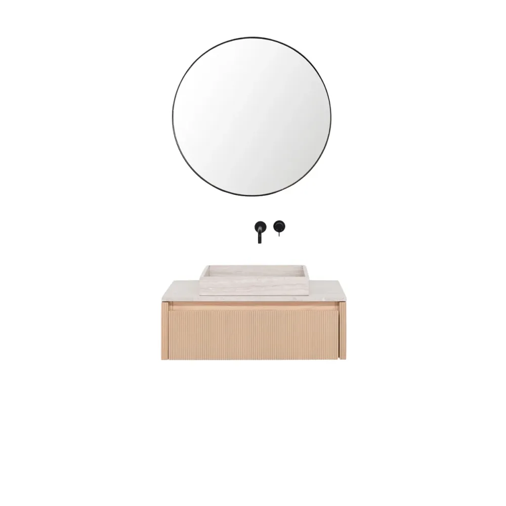 Mueble de baño Roble - Ahun - George Mármol Beige - Placa superior Marcel Mármol Beis - 80 cm (OEKO-TEX Standard 100)