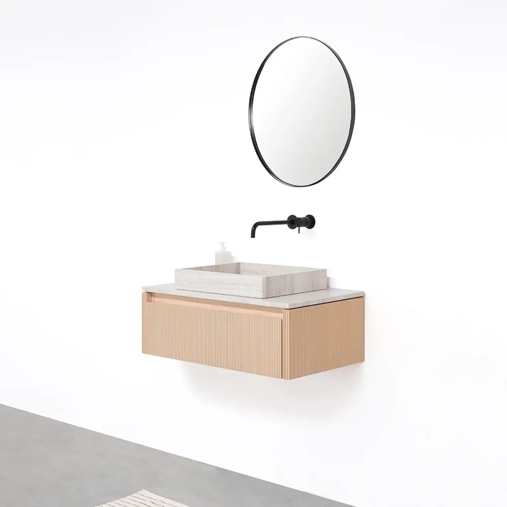 Mueble de baño Roble - Ahun - George Mármol Beige - Placa superior Marcel Mármol Beis - 80 cm (OEKO-TEX Standard 100)