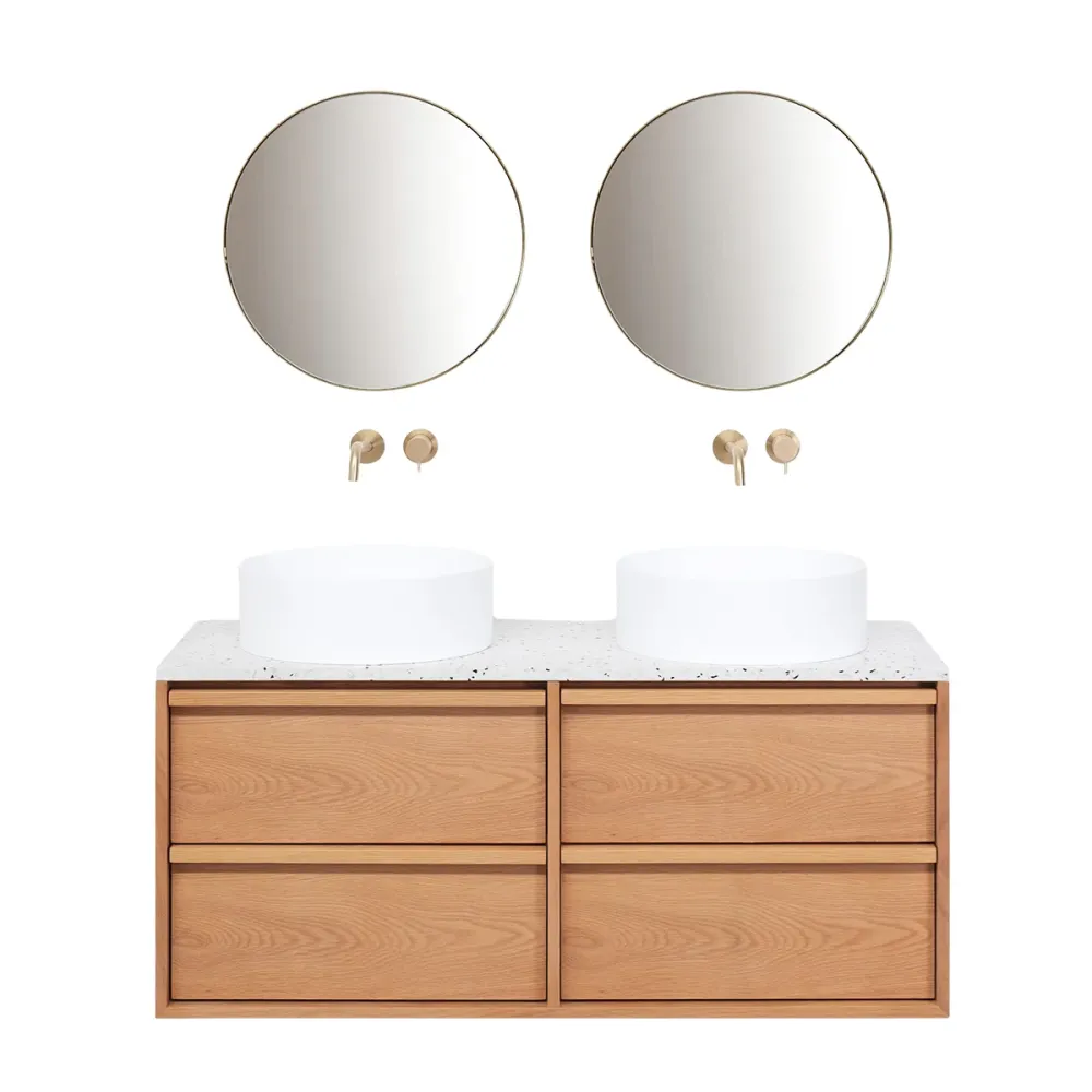 Mueble de baño Roble Fien - 120 cm - Lavabos Sims - Placa sobresaliente de terrazo Tamaño Baño Grande