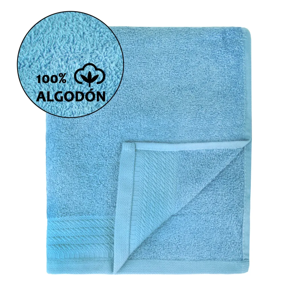 Juego de Toallas 100% Algodón de 500gsm.1Baño+1Mano+1Bide, Celeste en Blanco Hueso