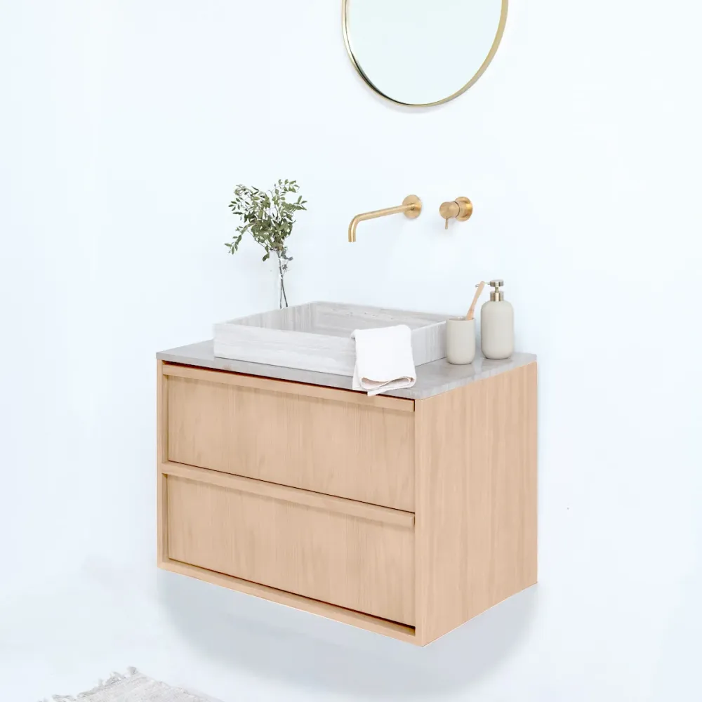 Armario de Lavabo Badkamermeubel Fien Eik - Veneer marmer Wastafel en wasplaat - 80 cm