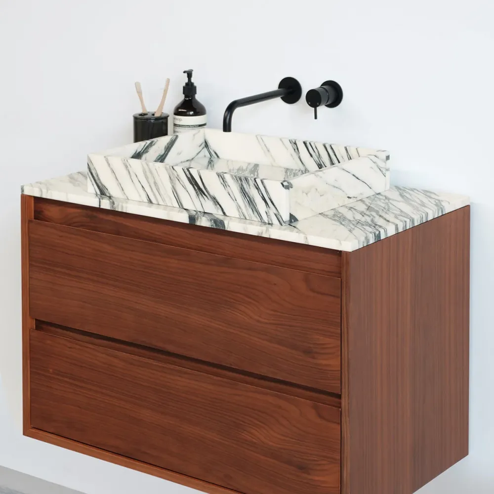 Badkamerset walnoot Ann - Blauw/Wit Marmer - 80 cm