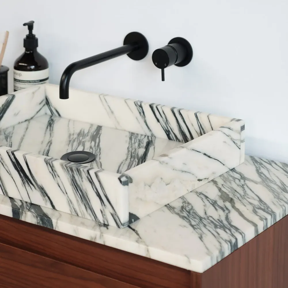 Badkamerset walnoot Ann - Blauw/Wit Marmer - 80 cm