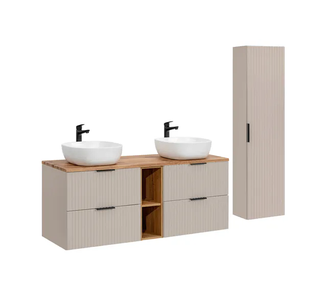 Conjunto mueble doble lavabo 140cm 2 nichos y columna Adriel Blanco