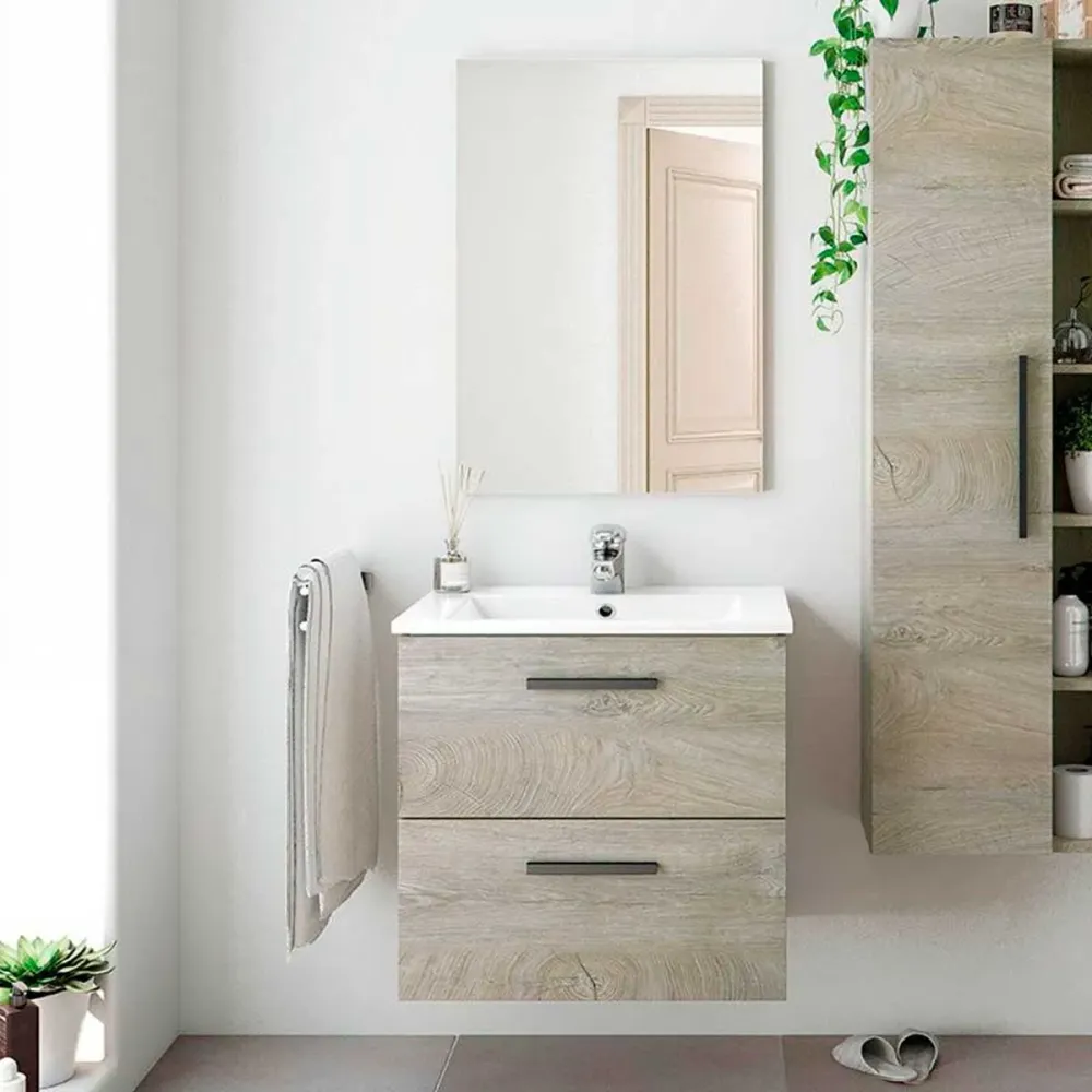 Mueble de baño Athena + espejo + lavabo roble 60 cm en Blanco Brillante