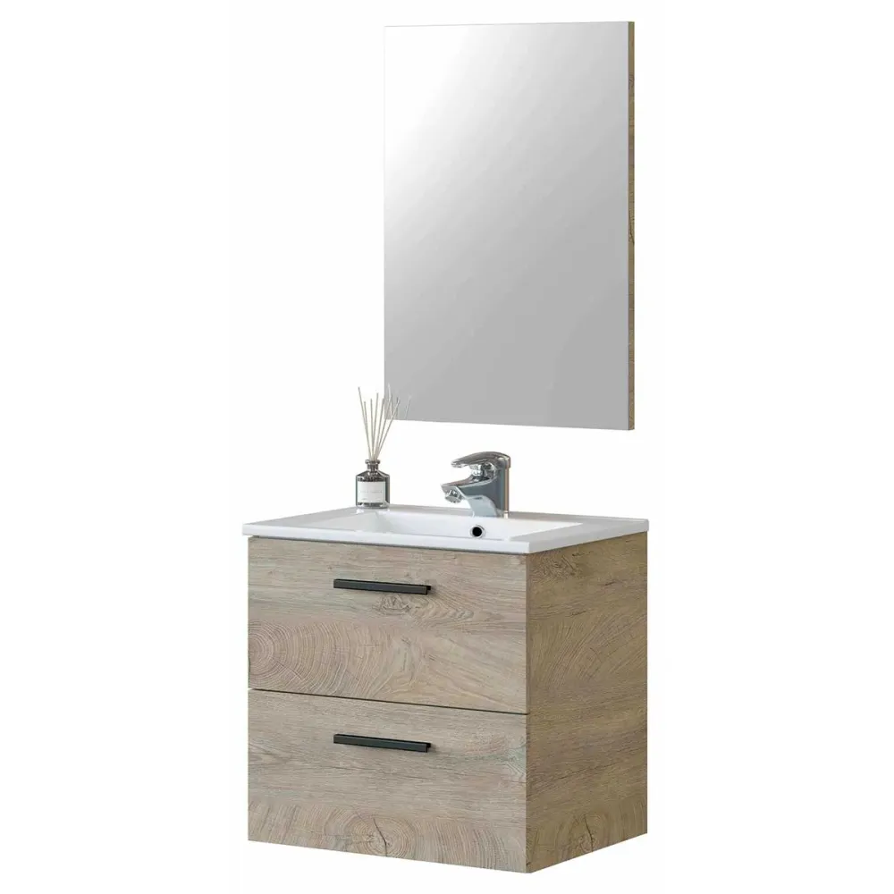 Mueble de baño Athena + espejo + lavabo roble 60 cm en Blanco Brillante