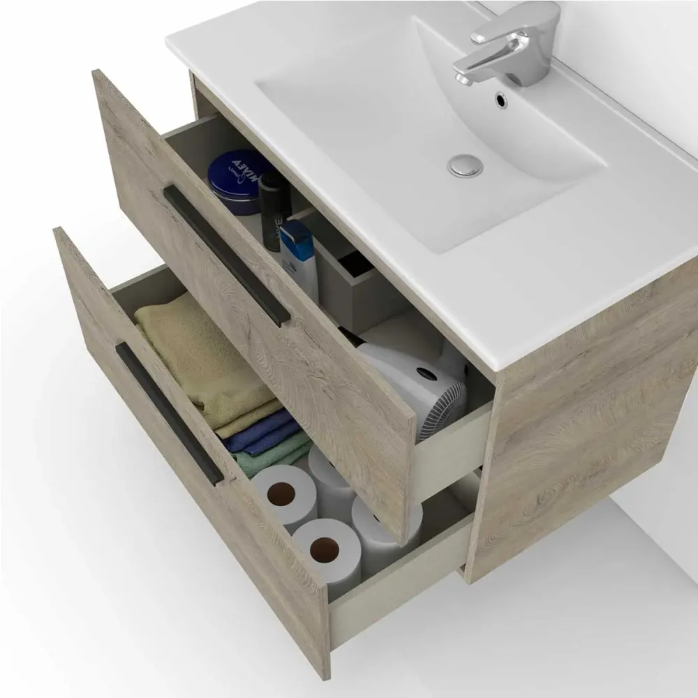 Mueble de baño Athena + espejo + lavabo roble 60 cm en Blanco Brillante