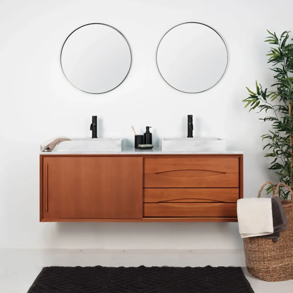 Retro badkamermeubel Bill Teak - Wit Marmer - Wasbak met kraangat