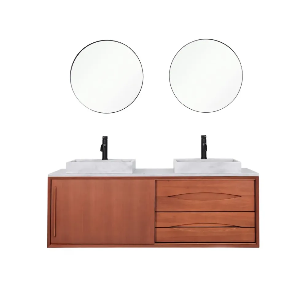 Retro badkamermeubel Bill Teak - Wit Marmer - Wasbak met kraangat