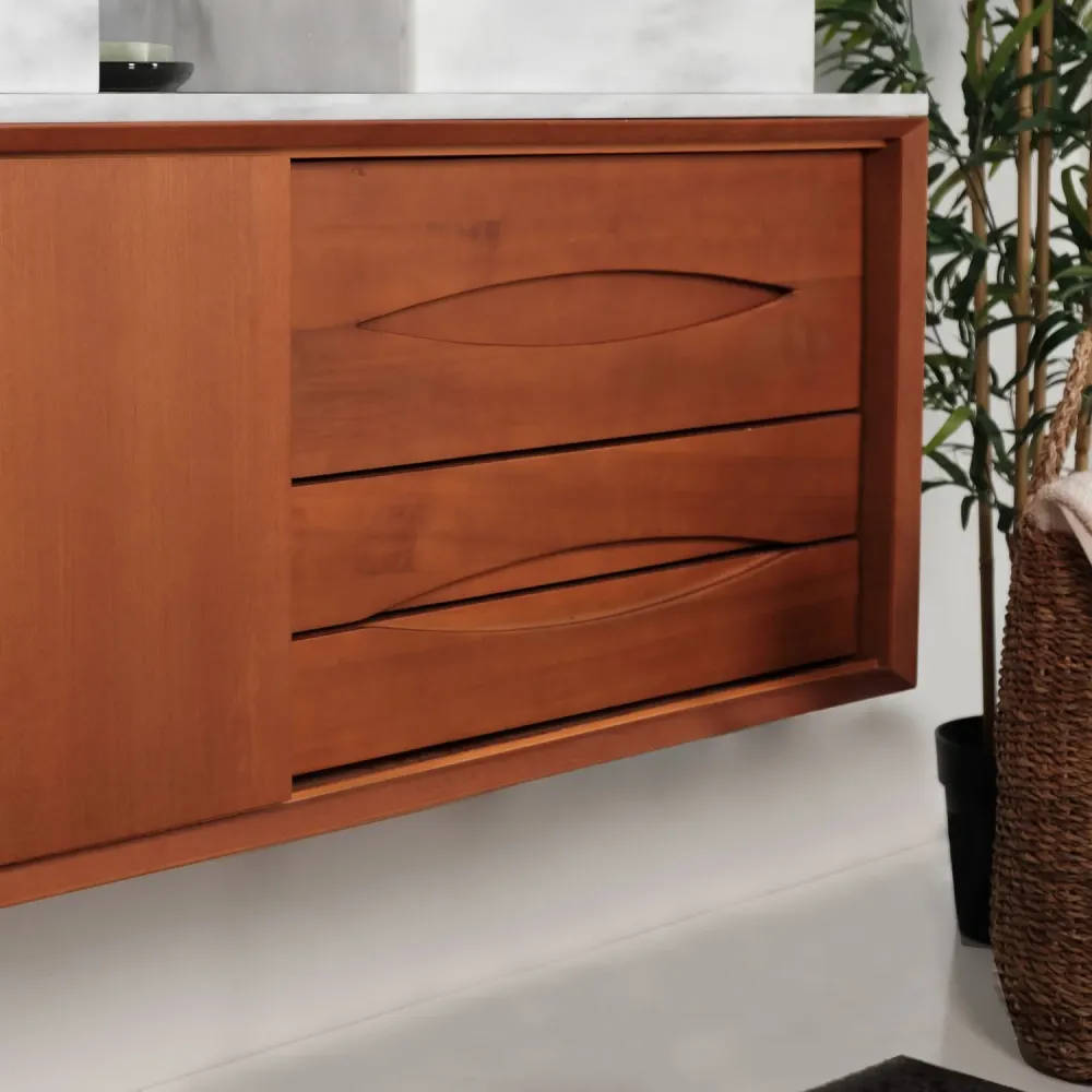 Retro badkamermeubel Bill Teak - Wit Marmer - Wasbak met kraangat