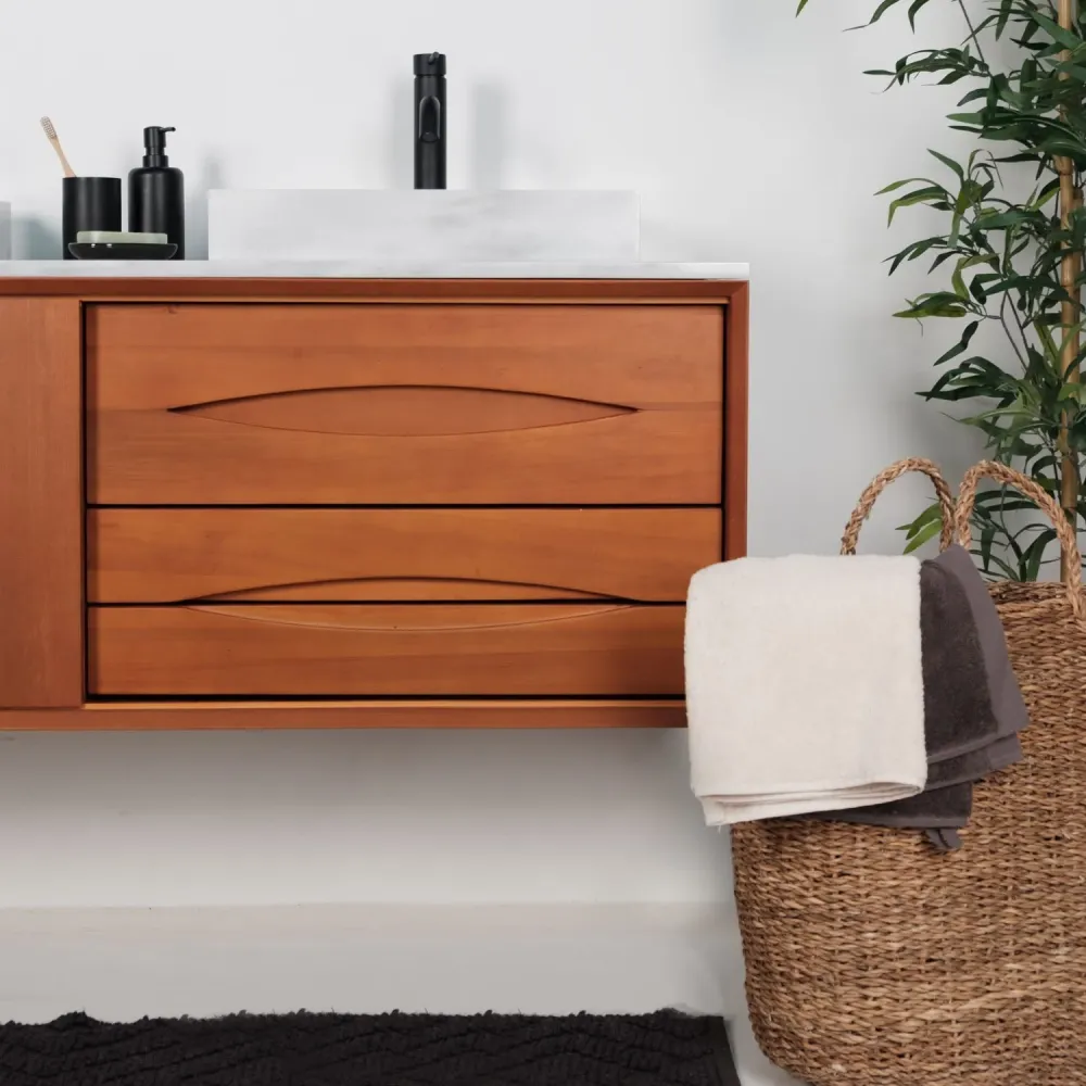 Retro badkamermeubel Bill Teak - Wit Marmer - Wasbak met kraangat