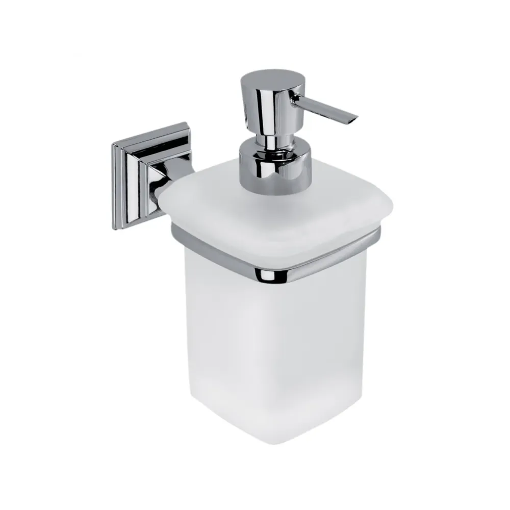 Dispensador de jabón en latón cromado y vidrio acidado colección Portofino de Colombo Design