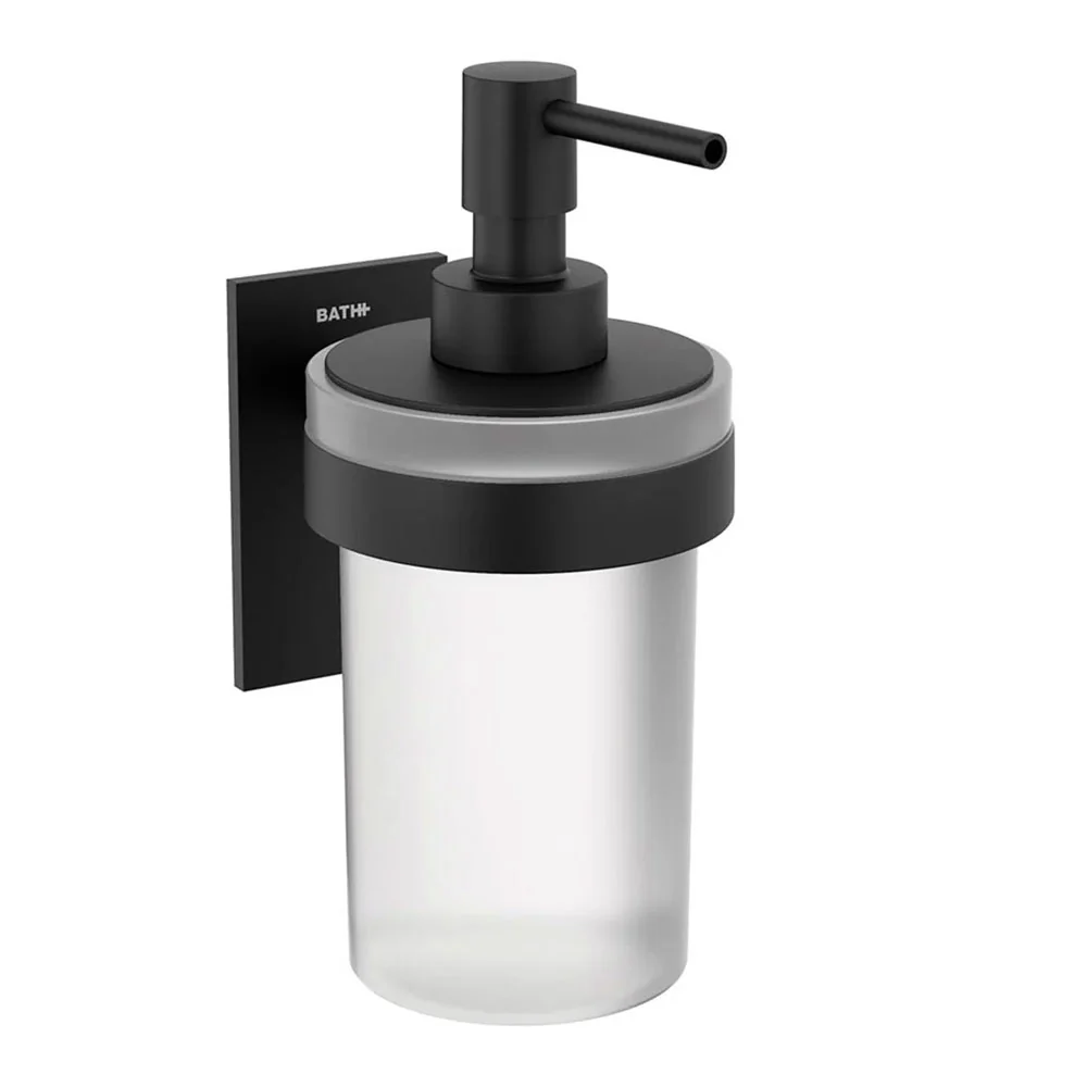 Dispensador de jabón para pegar en vidrio esmerilado de la colección 'Stick' de Cosmic - soporte de latón pintado negro