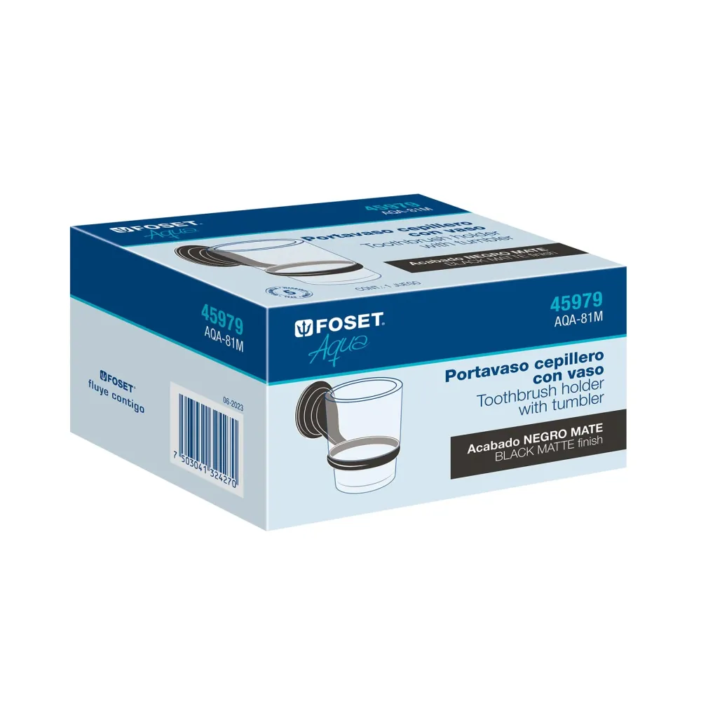 Portavaso cepillero negro con vaso de vidrio, Foset Aqua