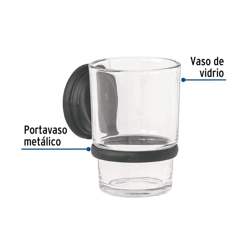 Portavaso cepillero negro con vaso de vidrio, Foset Aqua