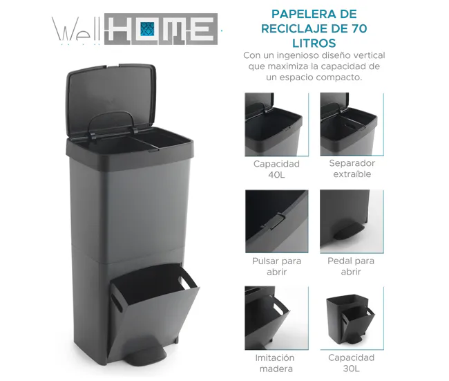 Cubo de basura 70L, VERTICAL, 2 compartimentos, papelera residuos, 76 cm, simple gestión