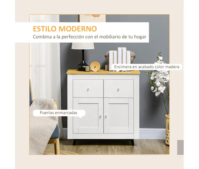 HOMCOM Aparador de Cocina Buffet Auxiliar de Comedor Vanguardista con Puertas Dobles y 2 Cajones para Salón Entrada Oficin...