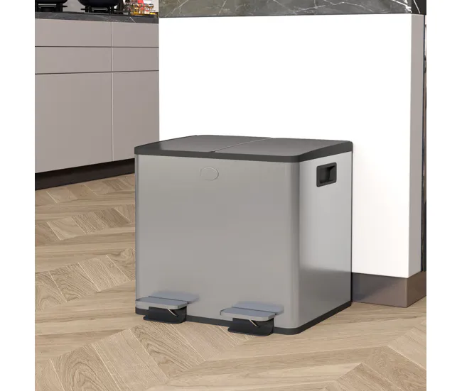 HOMCOM Cubo de Basura de Cocina con 2 Compartimentos 2x15L Papelera de Cocina de Acero Inoxidable con Pedales Tapas de Cie...