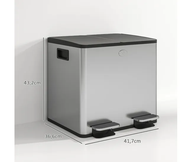 HOMCOM Cubo de Basura de Cocina con 2 Compartimentos 2x15L Papelera de Cocina de Acero Inoxidable con Pedales Tapas de Cie...