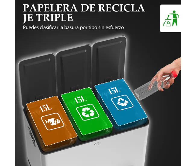 HOMCOM Cubo de Basura de Cocina con 3 Compartimentos 3x15L Papelera de Cocina de Acero Inoxidable con Pedales Tapas de Cie...