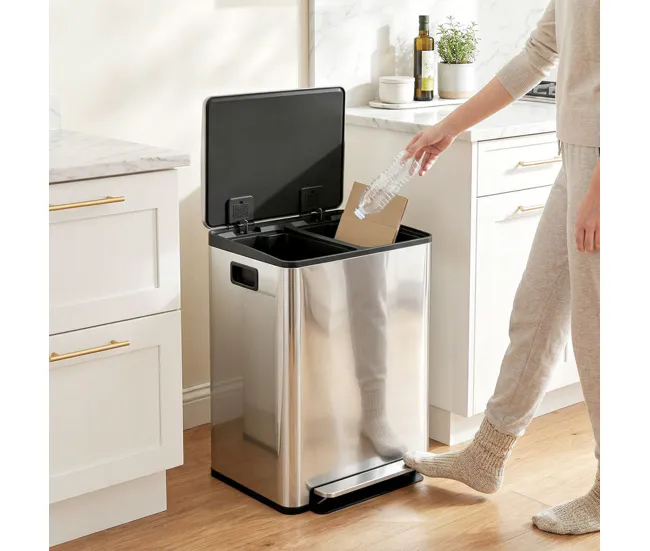 HOMCOM Cubo de Basura de Cocina con 2 Compartimentos 2x30L Papelera de Cocina de Acero Inoxidable con Pedal Tapa de Cierre...