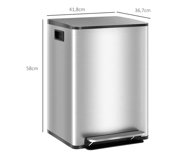 HOMCOM Cubo de Basura de Cocina con 2 Compartimentos 2x20L Papelera de Cocina de Acero Inoxidable con Pedal Tapa de Cierre...