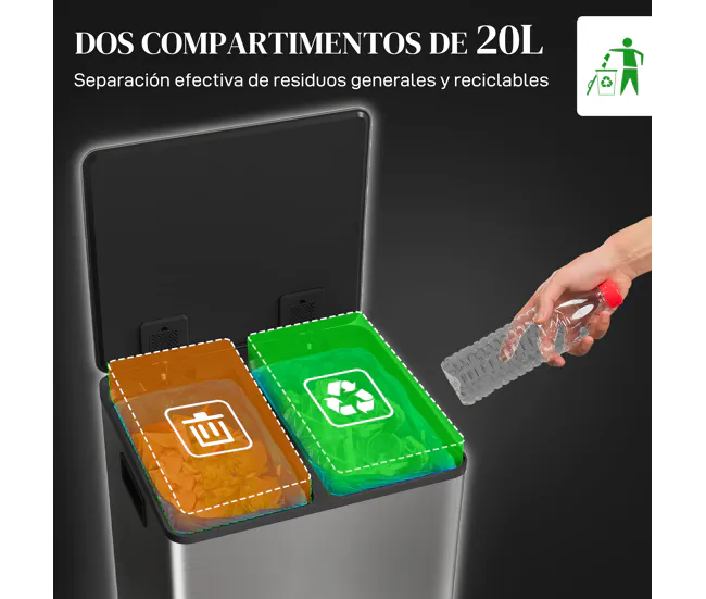 HOMCOM Cubo de Basura de Cocina con 2 Compartimentos 2x20L Papelera de Cocina de Acero Inoxidable con Pedal Tapa de Cierre...