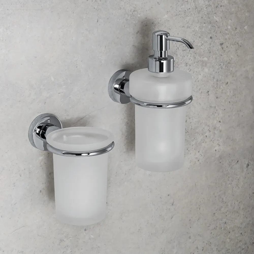 Porta spazzolini ottone cromato con contenitore vetro satinato Colombo Design collezione Sencillo Con fissaggio tassello