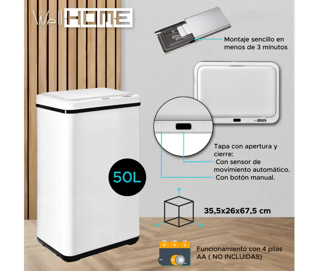 WELL HOME MOBILIARIO & DECORACIÓN Cubo de basura inteligente SIN patas con apertura automática o contacto manual, 50L, Ext...