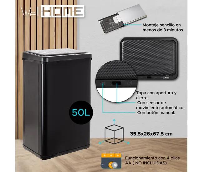 WELL HOME MOBILIARIO & DECORACIÓN Cubo de basura inteligente SIN patas con apertura automática o contacto tradicional, 50L...