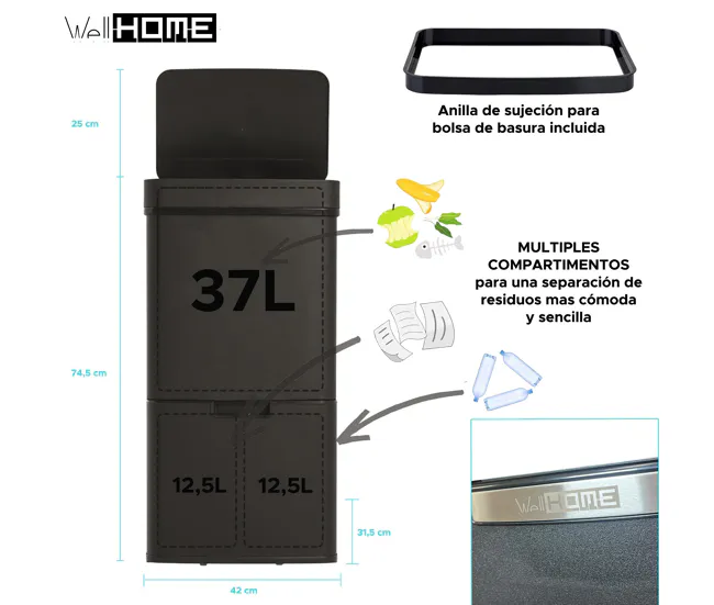 WELL HOME Papelera de reciclaje 62L (37L+25L) con 2 compartimentos