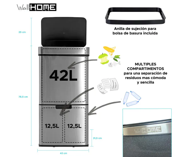 WELL HOME Papelera de reciclaje 67L (42L+25L) con 2 compartimentos