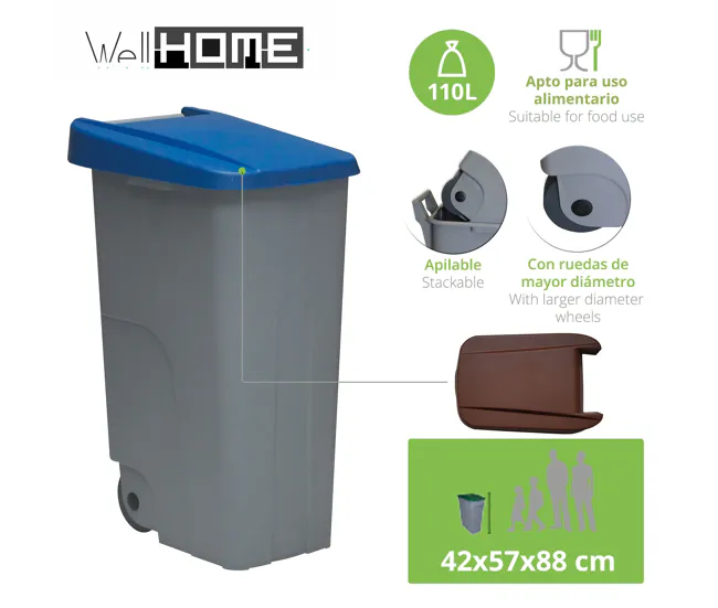 WELL HOME Set de 2 Contenedores Cerrados de 110L Azul+Amarillo H.88cm