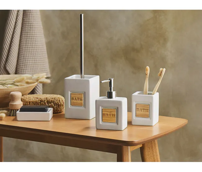 Conjunto de accesorios de baño de cerámica beige/madera clara KOUROU
