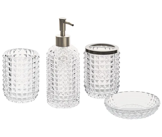 Conjunto de 4 accesorios de baño de vidrio transparente/plateado TAPIA