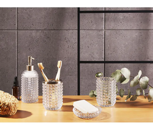 Conjunto de 4 accesorios de baño de vidrio transparente/plateado TAPIA