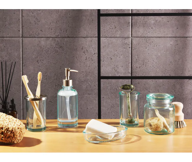 Conjunto de 5 accesorios de baño de vidrio verde menta/plateado AMARGA