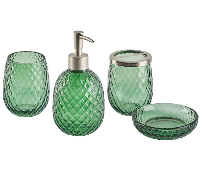 Conjunto de 4 accesorios de baño de vidrio verde/plateado CANOA