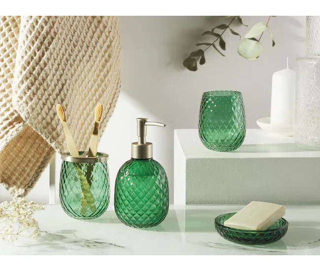 Conjunto de 4 accesorios de baño de vidrio verde/plateado CANOA