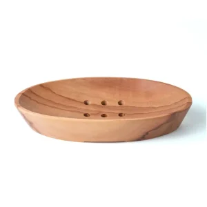 Jabonera de madera genuino de sawo con drenaje Teluk O ovalada, hecha mano con acabado natural, largo 14,5 cm profundidad...