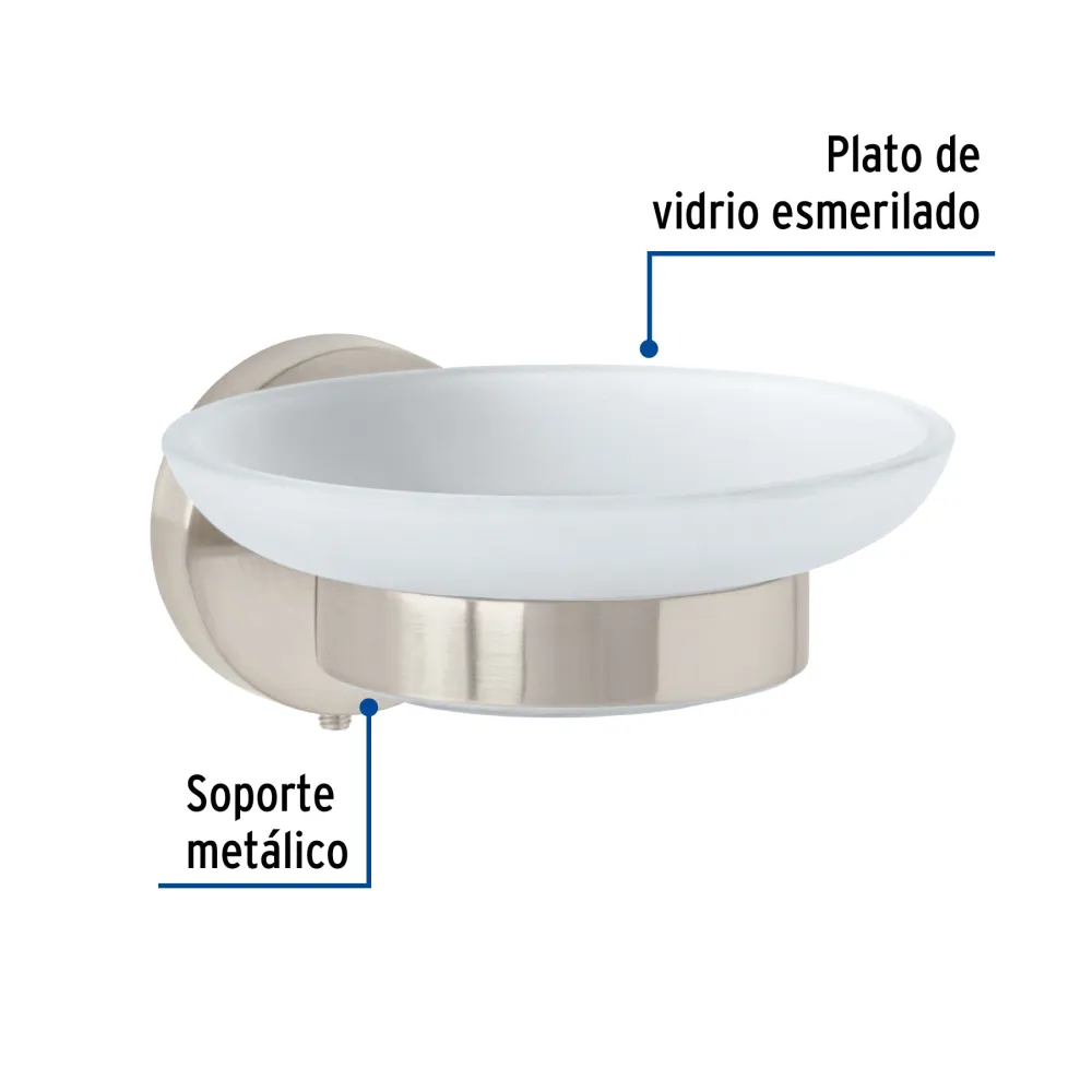 Jabonera metálica satín con plato de vidrio, Foset Túbig