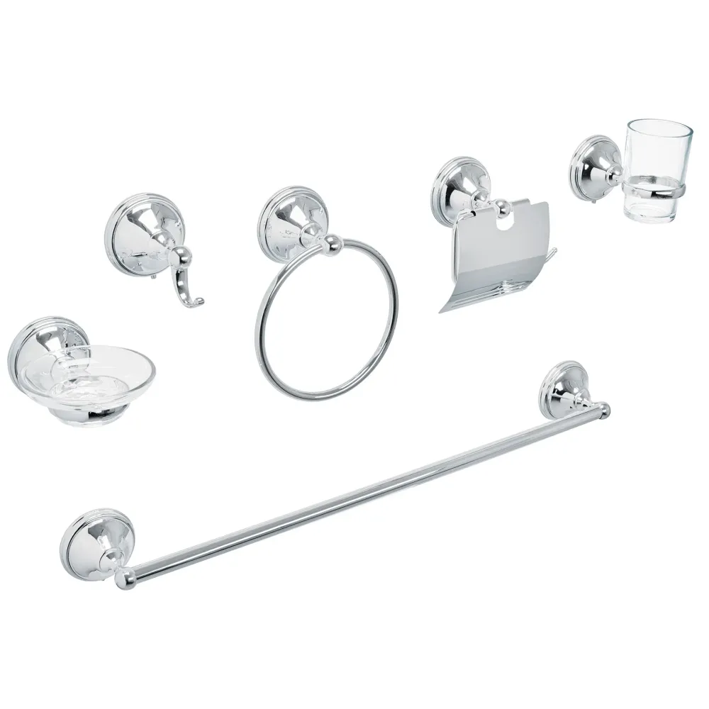 Jgo de acc p/baño con jabonera vidrio, cromo, 6 pzas, Aqua