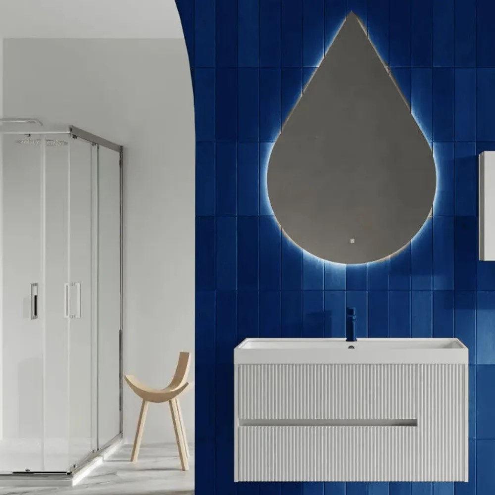 Mueble de baño suspendido canelado con lavabo y espejo en forma de gota 100 cm color blanco mate - Cubi&Co Colección Genuino