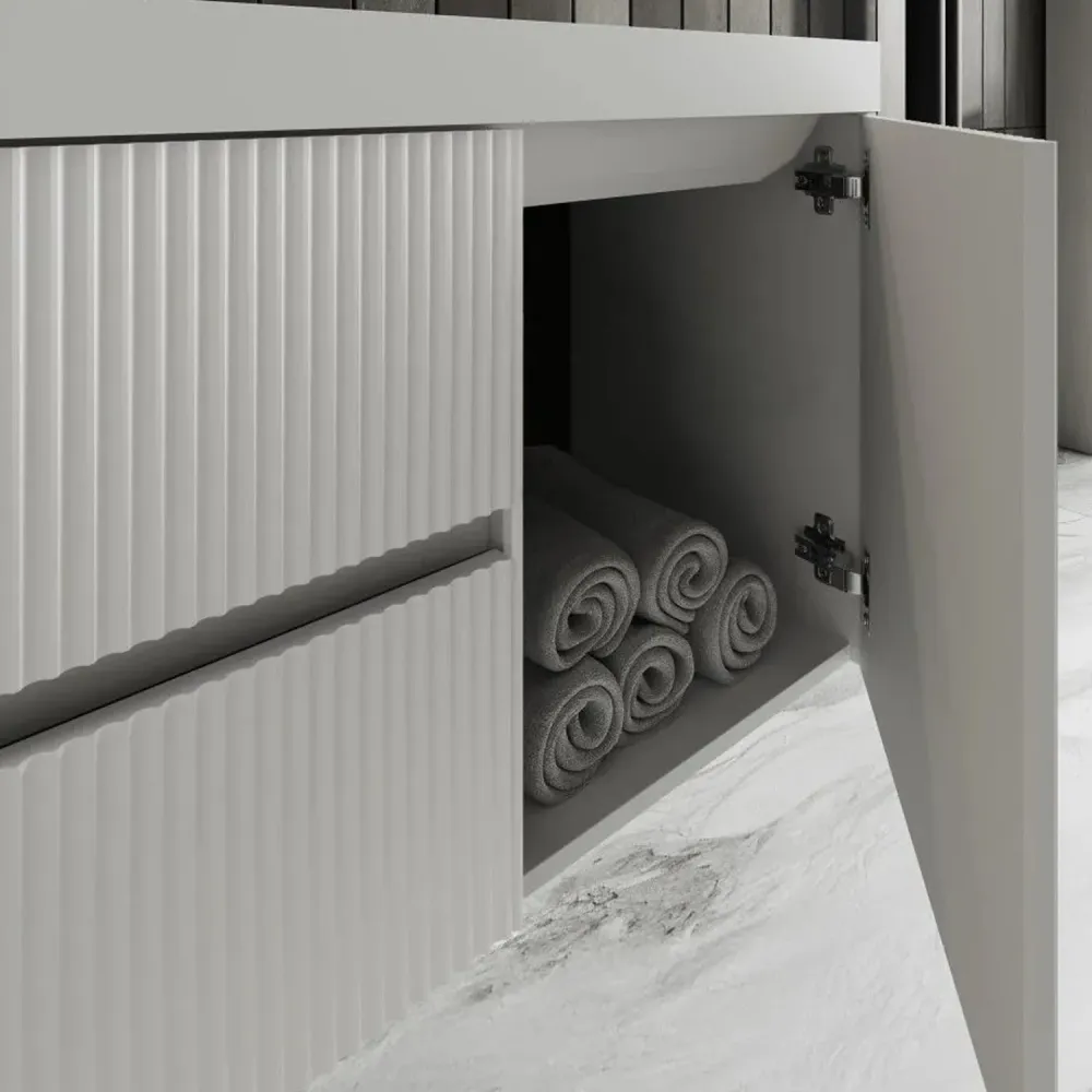 Mueble de baño suspendido canelado con lavabo y espejo en forma de gota 100 cm color blanco mate - Cubi&Co Colección Genuino